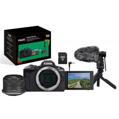 Appareil photo hybride Canon Pack EOS R50 + RF-S 18-45mm f/4.5-6.3 IS STM + Micro + Trépied + Télécommande + carte SD + Chargeur