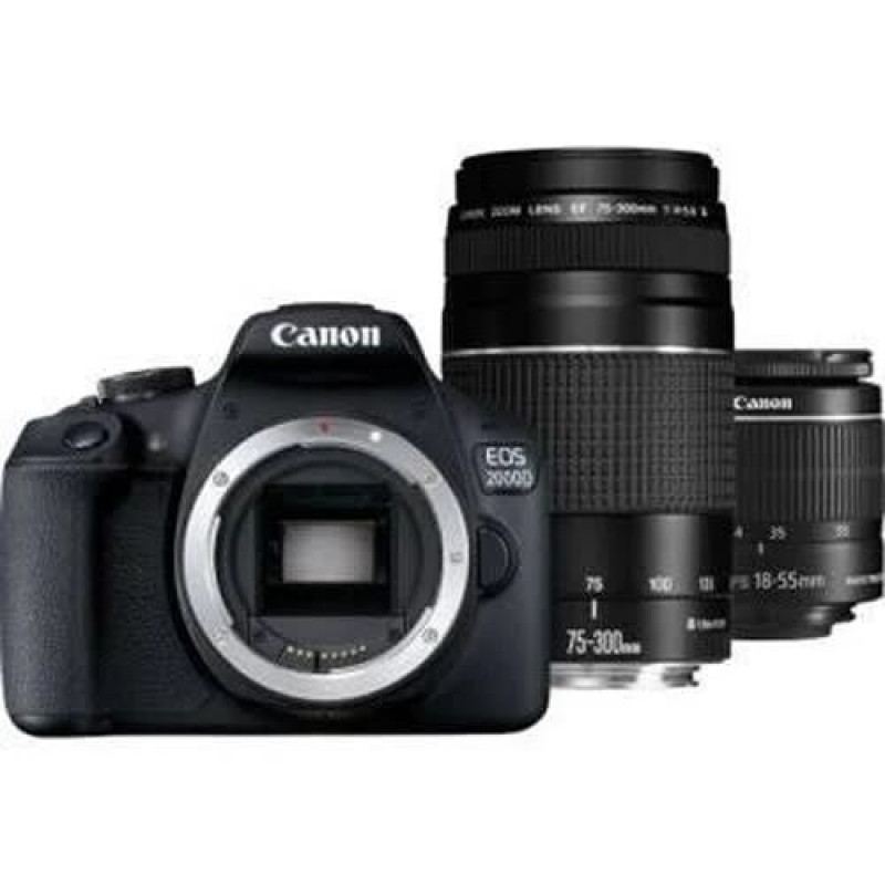 Appareil Photo Reflex Canon EOS 2000D+EF-S 18-55 IS II+EF 75-300 f/4-5,6 III + Sac + Carte mémoire SD 16 Go