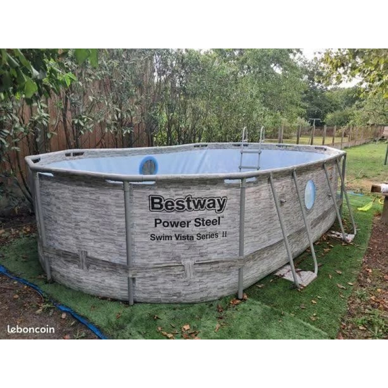 Kit piscine tubulaire ovale Bestway Power Steel SwimVista avec hublots 4,88 x 3,05 x 1,07 m + 10 kg de zéolite + Pompe à chaleur