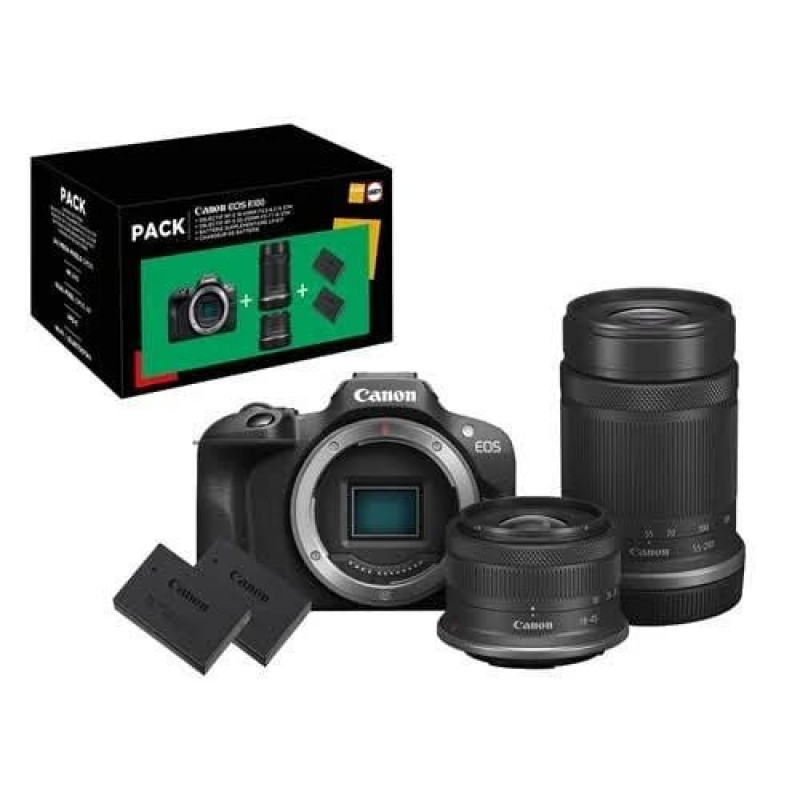 Pack EurlElectro Appareil photo hybride Canon EOS R100 Noir + RF-S 18-45mm f/4.5-6.3 IS STM + RF-S 55-210mm f/5-7.1 IS STM + 2eme batterie + chargeur