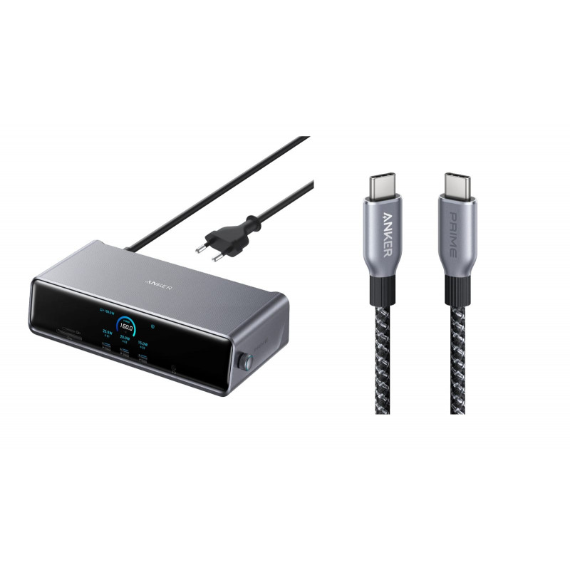 Station d’accueil Anker Prime (14-en-1, triple affichage, DisplayLink) + Anker Prime USB-C auf USB-C Kabel (240W, Upcycled-Flechtdesign, 3 ft)